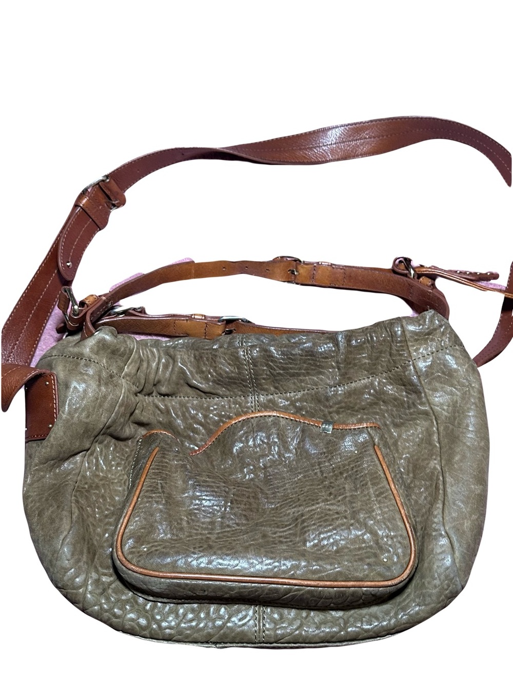 Textured Olive Green Shoulder Bag with Brown Trim